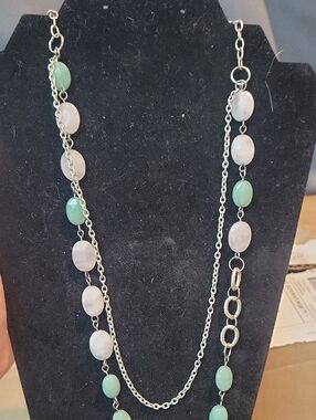 Silver Chain Necklace with Mint Green and Pale Pink Beads